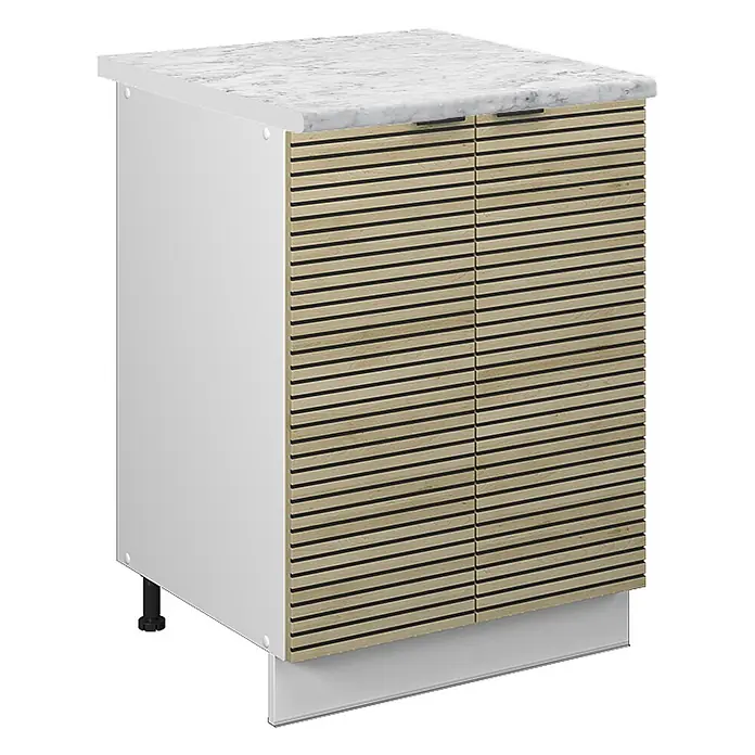 Vicco Schrankküche Fame-Line Eiche Paneel, AP Marmor - Eiche Paneel, Unterschrank 60 cm, AP Marmor - Weißer Unterschrank mit Marmorplatte und Lamellentüren aus Naturholz.