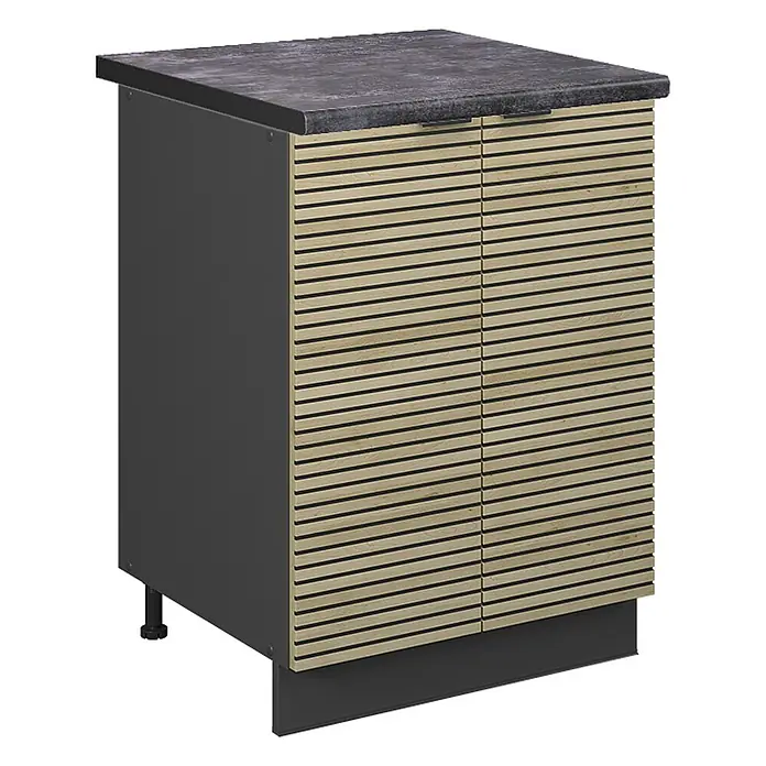 Vicco Schrankküche Fame-Line Eiche Paneel, AP Anthrazit - Eiche Paneel, Unterschrank 60 cm, AP Anthrazit - Dunkelgrauer Schrank mit einer strukturierten grauen Arbeitsplatte und hellen Holzlamellen-Doppeltüren.