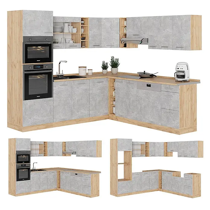 Vicco Eckküche R-Line Beton/Goldkraft Eiche ohne Arbeitsplatte - Beton, Ohne Elektrogeräte - L-förmige Küche mit hellgrauen Betonoptik-Fronten und hellem Holz, inklusive Öfen, Spüle und Geschirrspüler.