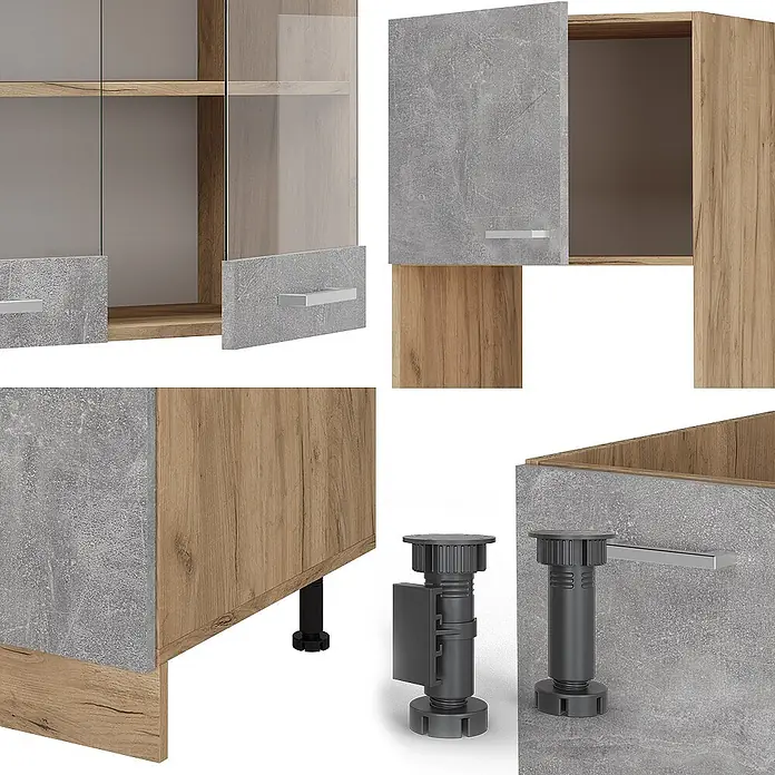 Vicco Eckküche R-Line Beton/Goldkraft Eiche ohne Arbeitsplatte - Beton, Ohne Elektrogeräte - Modulares Möbelset: Schränke in Eichenholz- und grauer Betonoptik mit Türen (teilweise Glas), Griffen und verstellbaren dunkelgrauen Füßen.