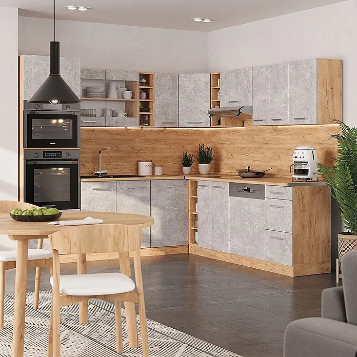 Vicco Eckküche R-Line Beton/Goldkraft Eiche ohne Arbeitsplatte - Beton, Ohne Elektrogeräte - Moderne Küche mit hellgrauen Betonoptik-Schränken und Holzakzenten, inklusive Einbaugeräten und Essbereich.