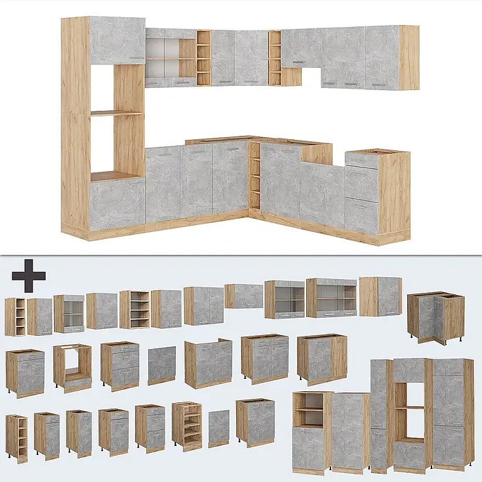 Vicco Eckküche R-Line Beton/Goldkraft Eiche ohne Arbeitsplatte - Beton, Ohne Elektrogeräte - Modulare Küchenschränke mit hellem Holzdekor und grauen Betonoptik-Fronten, als Set und Einzelmodule.
