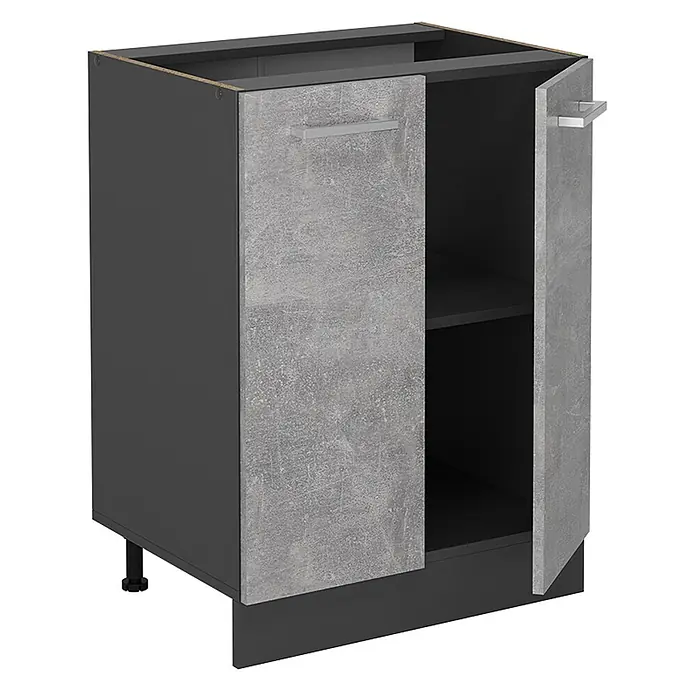 Vicco Schrankküche R-Line Beton, AP Eiche - Beton, Unterschrank 60 cm, AP Eiche - Dunkelgrauer Küchenunterschrank mit hellgrauen Beton-Optik-Türen und silbernen Griffen. Eine Tür ist offen, eine Ablage enthüllend.