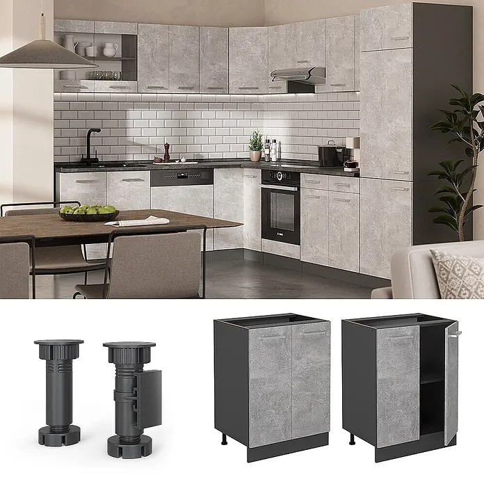 Vicco Schrankküche R-Line Beton, AP Eiche - Beton, Unterschrank 60 cm, AP Eiche - Moderne Küche im grauen Beton-Look mit dunklen Akzenten, bestehend aus Unter- und Hängeschränken.