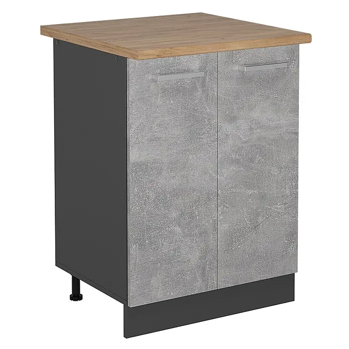 Vicco Schrankküche R-Line Beton, AP Eiche - Beton, Unterschrank 60 cm, AP Eiche - Küchenunterschrank mit Eiche-Optik-Platte, Beton-Optik-Türen, dunkelgrauen Seiten und verstellbaren Füßen.