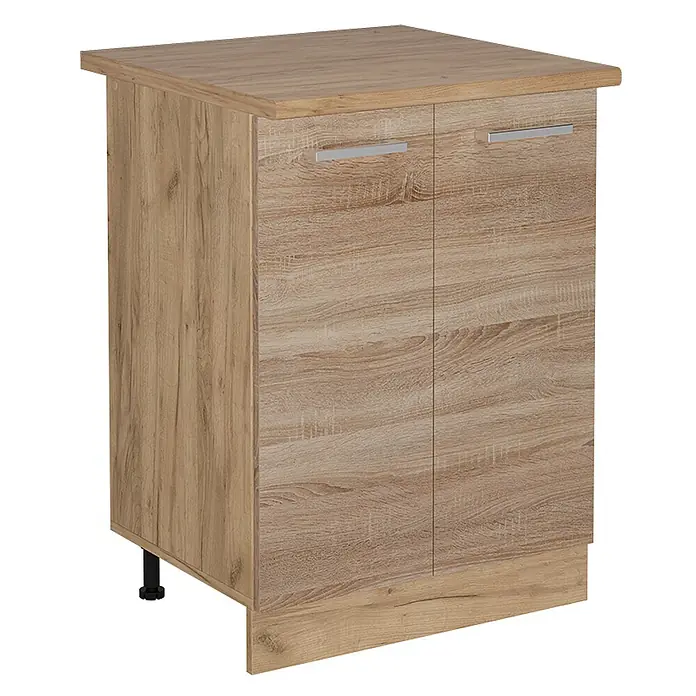 Vicco Schrankküche R-Line Sonoma, AP Eiche - Sonoma, Unterschrank 60 cm, AP Eiche - Heller Eichenschrank mit zwei Türen und silbernen Griffen.