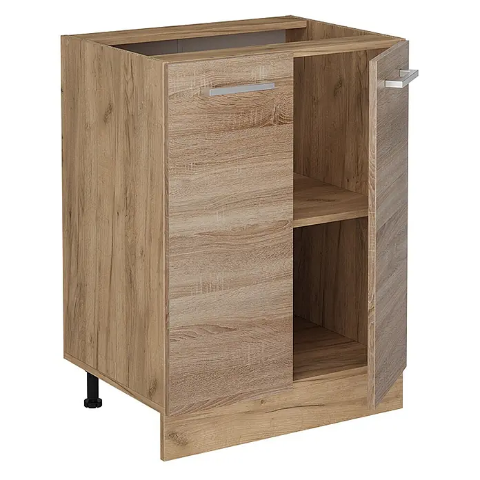 Vicco Schrankküche R-Line Sonoma, AP Eiche - Sonoma, Unterschrank 60 cm, AP Eiche - Heller Küchenunterschrank in Holzoptik mit zwei Türen und Metallgriffen. Eine Tür ist offen und zeigt ein Innenregal.