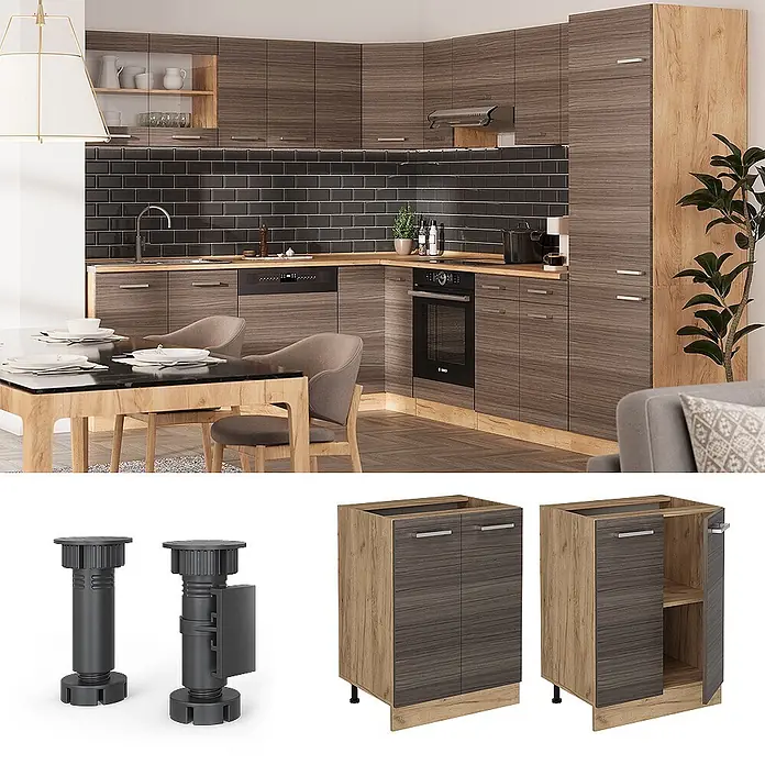 Vicco Schrankküche R-Line Edelgrau AP Marmor - Edelgrau, Unterschrank 60 cm, AP Marmor - Moderne Küche mit dunklen Holzmaserungsschränken, hellen Holzrahmen und integrierten Geräten.