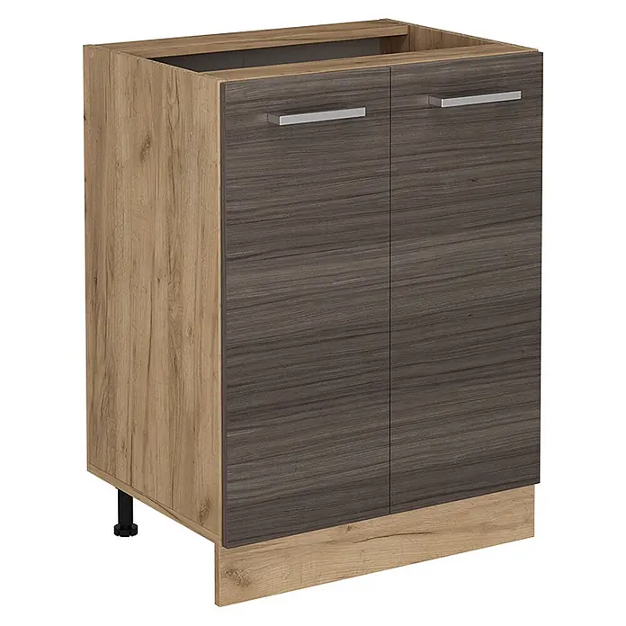 Vicco Schrankküche R-Line Edelgrau ohne Arbeitsplatte - Edelgrau, Unterschrank 60 cm - Küchenunterschrank mit heller Holzoptik-Seite und Sockelblende, dunkelgrauen Holztüren und silbernen Griffen.