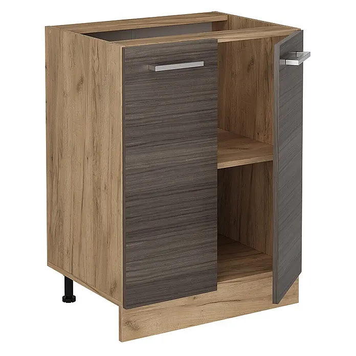 Vicco Schrankküche R-Line Edelgrau AP Marmor - Edelgrau, Unterschrank 60 cm, AP Marmor - Zweifarbiger Küchenunterschrank mit hellen Holzseiten und dunkel gemaserten Türen, eine Tür offen mit Regal. Verstellbare Füße.