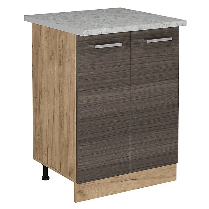 Vicco Schrankküche R-Line Edelgrau AP Marmor - Edelgrau, Unterschrank 60 cm, AP Marmor - Unterschrank mit dunklen Holztüren, heller Holzseitenwand, Sockelleiste und heller Marmor-Arbeitsplatte. Mit zwei silbernen Stangengriffen.
