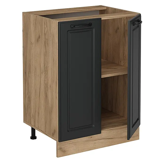Vicco Schrankküche R-Line Anthrazit Landhaus ohne Arbeitsplatte - Breite: 60 cm, Anthrazit Landhaus, Unterschrank 60 cm - Holzoptik-Küchenunterschrank mit schwarzen Türen, eine offen mit Regal.