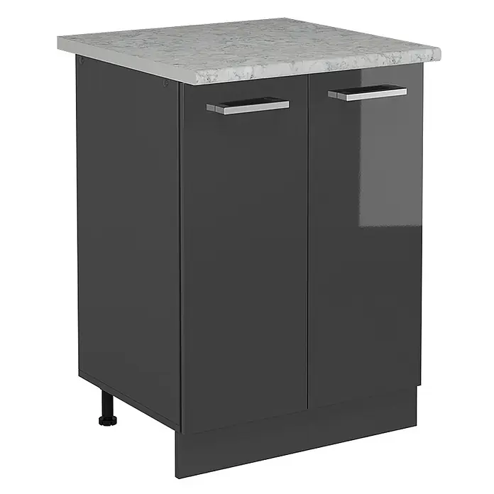 Vicco Schrankküche R-Line Anthrazit Hochglanz AP Marmor - Breite: 60 cm, Anthrazit Hochglanz, Unterschrank 60 cm - Dunkelgrauer Hochglanz-Unterschrank mit zwei Türen, silbernen Griffen und heller Marmor-Arbeitsplatte.