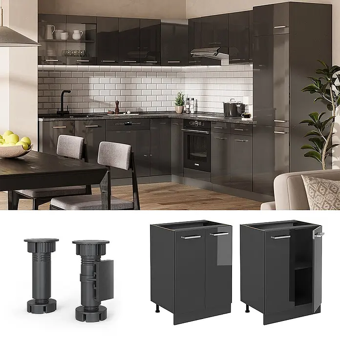 Vicco Schrankküche R-Line Anthrazit Hochglanz, AP Anthrazit - Anthrazit Hochglanz, Unterschrank 60 cm, AP Anthrazit - Moderne dunkelgraue Hochglanz-Küchenschränke mit integrierten Geräten und verstellbaren Füßen, in einer modernen Küche präsentiert.