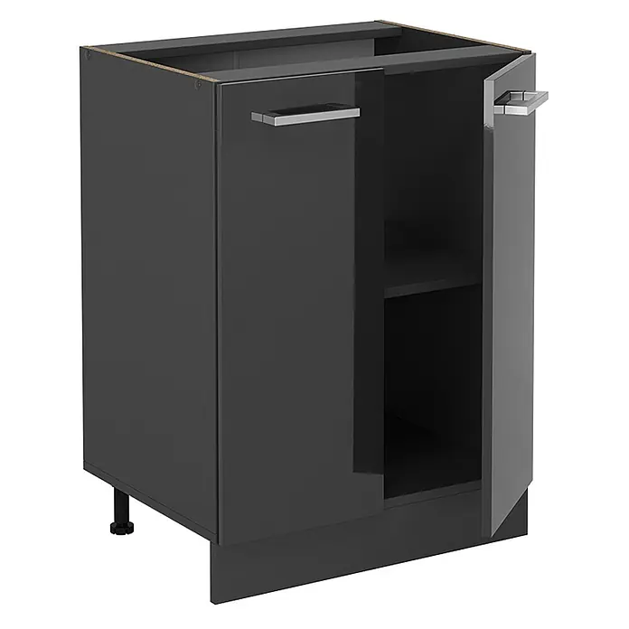 Vicco Schrankküche R-Line Anthrazit Hochglanz AP Marmor - Breite: 60 cm, Anthrazit Hochglanz, Unterschrank 60 cm - Dunkelgrauer zweitüriger Küchenunterschrank mit silbernen Griffen, eine Tür offen mit Regal, verstellbare Füße.
