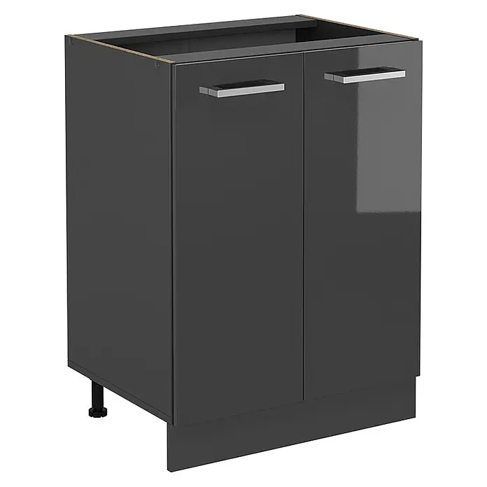 Vicco Schrankküche R-Line Anthrazit Hochglanz ohne Arbeitsplatte - Breite: 60 cm, Anthrazit Hochglanz, Unterschrank 60 cm - Dunkelgrauer hochglänzender Küchenunterschrank mit zwei Türen, silbernen Griffen und Sockel.