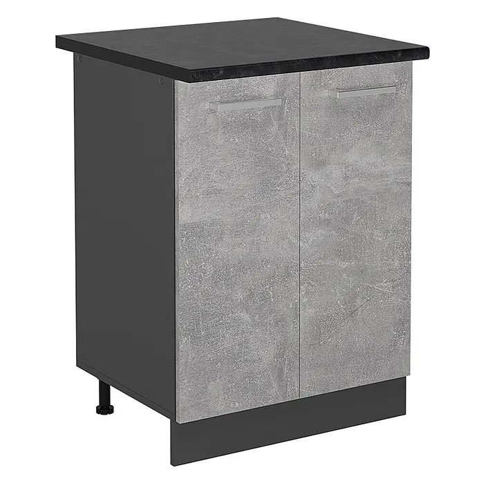 Vicco Schrankküche R-Line Beton, AP Anthrazit - Beton, Unterschrank 60 cm, AP Anthrazit - Kompakter Unterschrank in Betonoptik mit zwei Türen, schwarzer Arbeitsplatte und silbernen Griffen.