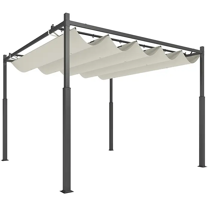 Outsunny Raffpavillon - B x T: 298 x 298 cm, Farbe Dach: Beige - Dunkelgraue Metallpergola mit ausziehbarem, gewelltem beigem Stoffdach für variablen Schatten.