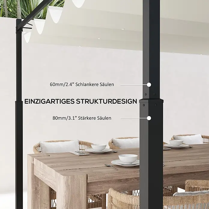 Outsunny Raffpavillon - B x T: 298 x 298 cm, Farbe Dach: Beige - Schwarze Metallpergola mit weißem Sonnensegel, zeigt einzigartiges Säulendesign: 60mm schlankere obere und 80mm stärkere untere Säulen.