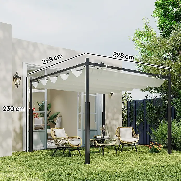 Outsunny Raffpavillon - B x T: 298 x 298 cm, Farbe Dach: Beige - Schwarze Metall-Pergola mit weißem, einziehbarem Stoffdach, spendet Schatten im Garten. Maße: 298x298x230 cm.