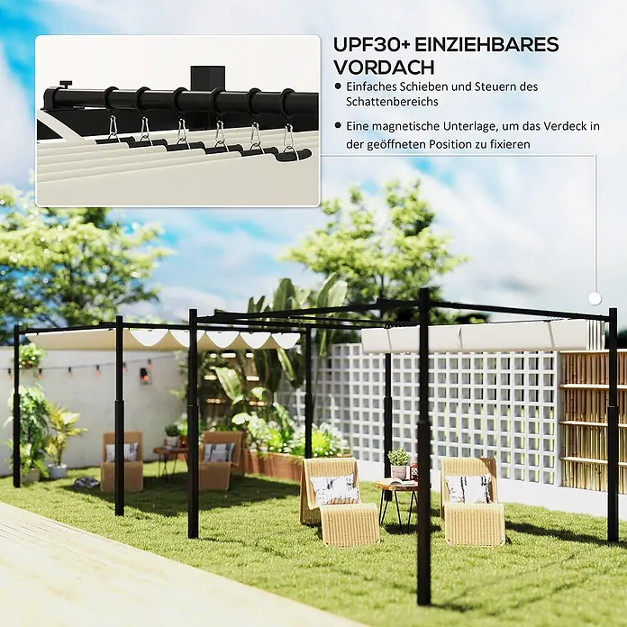 Outsunny Raffpavillon - B x T: 298 x 298 cm, Farbe Dach: Beige - Schwarze Pergola mit einziehbarem beigem Vordach, die einen Sitzbereich im Freien beschattet.