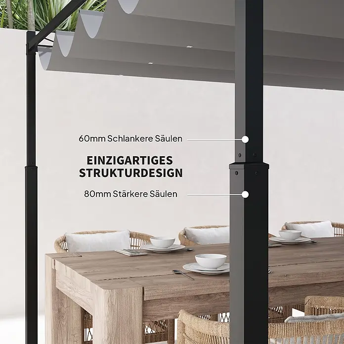 Outsunny Raffpavillon - Farbe Dach: Grau - Dunkelgraue Pergola mit ausfahrbarem grauen Dach, das einen Esstisch im Freien beschattet. Mit 60mm und 80mm Pfosten.