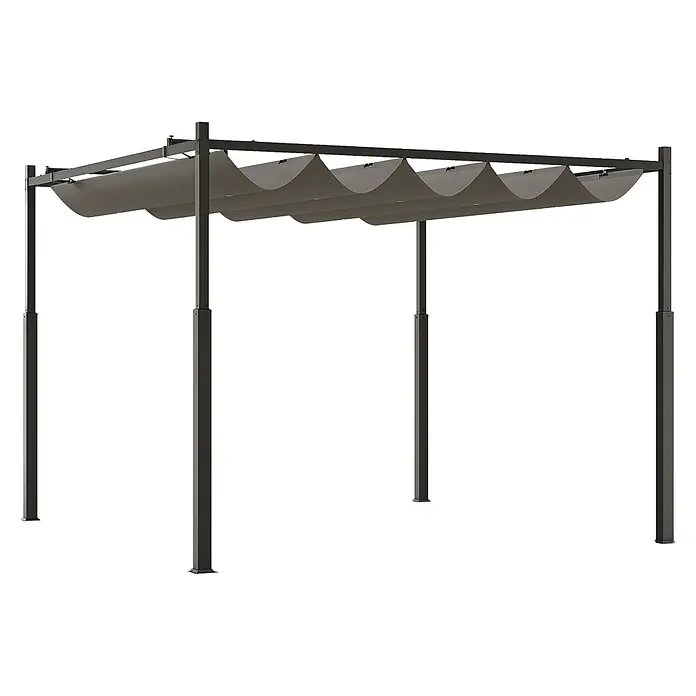 Outsunny Raffpavillon - Farbe Dach: Grau - Dunkle Metall-Pergola mit ausfahrbarem grauem Stoffwellendach.