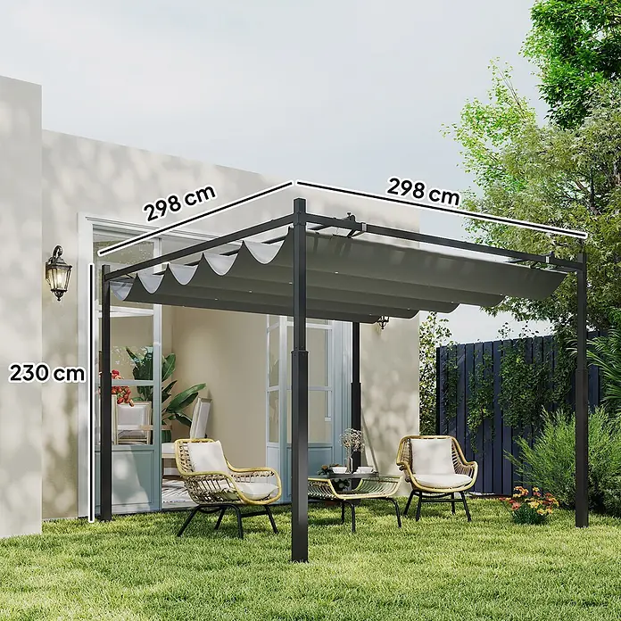 Outsunny Raffpavillon - Farbe Dach: Grau - Dunkelgraue Pergola mit ausziehbarem Dach, 298x298x230 cm, im Garten.