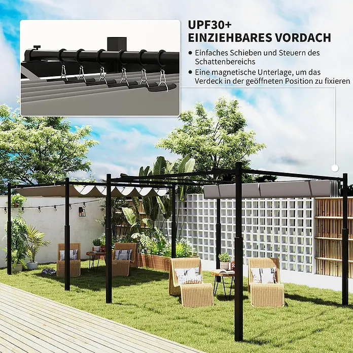 Outsunny Raffpavillon - Farbe Dach: Grau - Schwarze Pergola mit einziehbarem grauen Verdeck, das Schatten im Garten spendet.