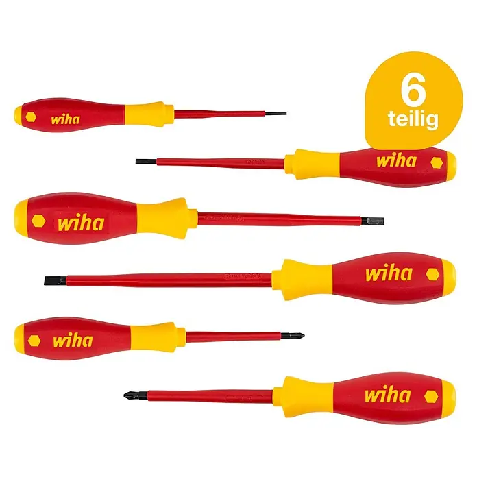 Wiha Schraubendreher-Set VDE - 6 -tlg. - Sechsteiliges Wiha VDE-Schraubendreher-Set mit roten und gelben Griffen für Elektroarbeiten.