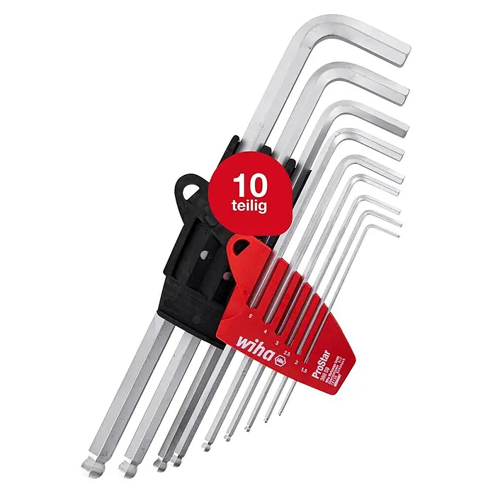 Wiha Stiftschlüsselsatz ProStar - 10 -tlg. - Set aus 10 silbernen Innensechskantschlüsseln in roten und schwarzen Kunststoffhaltern, Größen beschriftet.