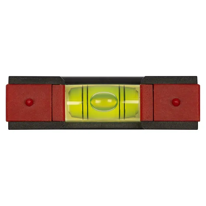 Wiha Taschenwasserwaage - 80 mm, Anzahl Libellen: 2 Stk. - Rote und schwarze Wasserwaage mit gelb-grüner Libelle, Blase zentriert zwischen zwei schwarzen Linien, zeigt eine perfekt waagerechte Fläche an.
