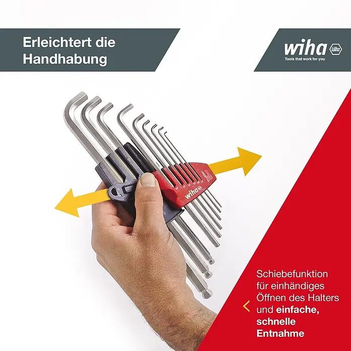 Wiha Stiftschlüsselsatz ProStar - 10 -tlg. - Eine Hand hält einen Innensechskantschlüsselsatz mit rotem und schwarzem Halter, der die Schiebefunktion zur einfachen, einhändigen Entnahme der Schlüssel demonstriert.