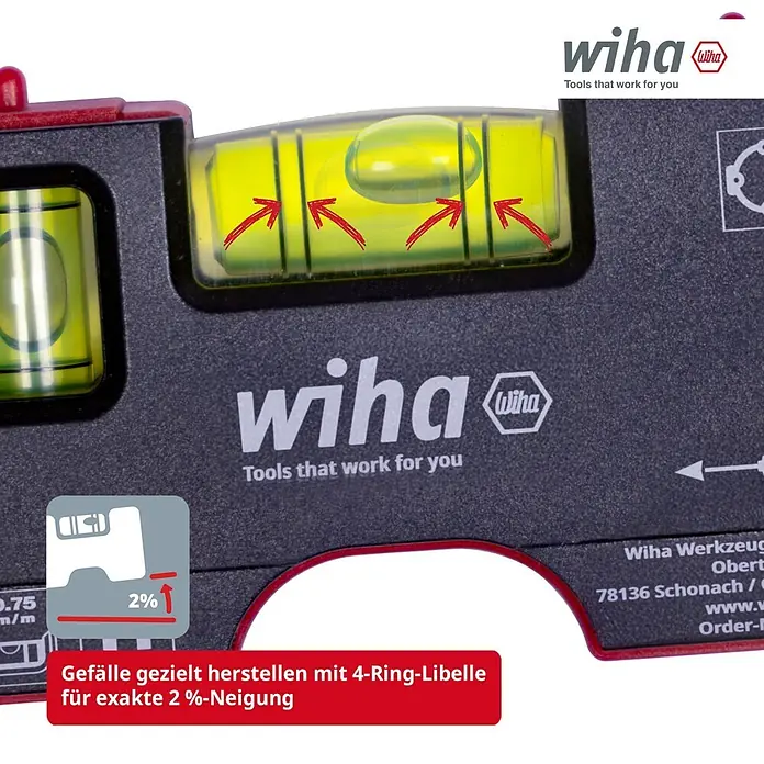 Wiha Taschenwasserwaage - 80 mm, Anzahl Libellen: 2 Stk. - Wiha Wasserwaage mit 4-Ring-Libelle zur präzisen Einstellung von 2%-Gefällen.