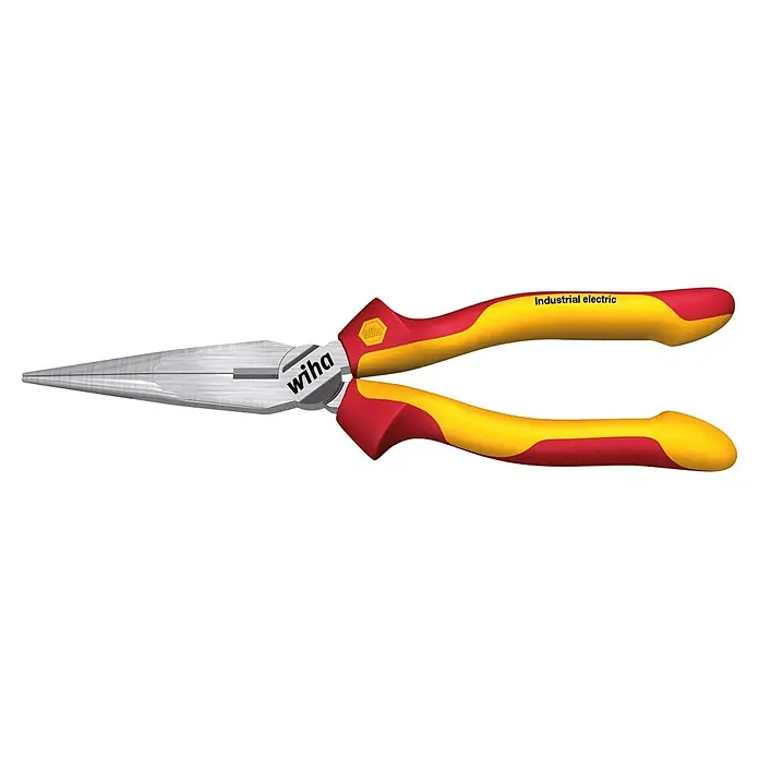 Wiha Flachrundzange Industrial VDE - Länge: 20 cm, Gerade - Wiha Spitzzange mit silbernen Metallbacken und rot-gelb isolierten Griffen, geeignet für industrielle Elektroarbeiten.