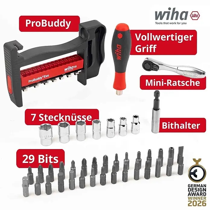 Wiha Steckschlüssel-Set ProBuddy EVO - 40 -tlg., Antriebsgröße: ¼″ Sechskant - Ein umfassendes Wiha-Werkzeugset mit schwarzem und rotem ProBuddy Evo Bithalter, Schraubendrehergriff, Mini-Ratsche, 7 Stecknüssen und 29 Bits.