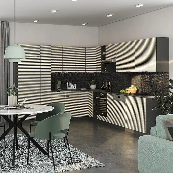 Vicco Eckküche Fame-Line Eiche Paneel/Anthrazit, AP Anthrazit - B x T: 347 x 60 cm, Eiche Paneel, Ohne Elektrogeräte - Moderne Küche mit hellen, horizontal gestreiften Holzschränken und dunklem Spritzschutz, inklusive Einbaugeräten.