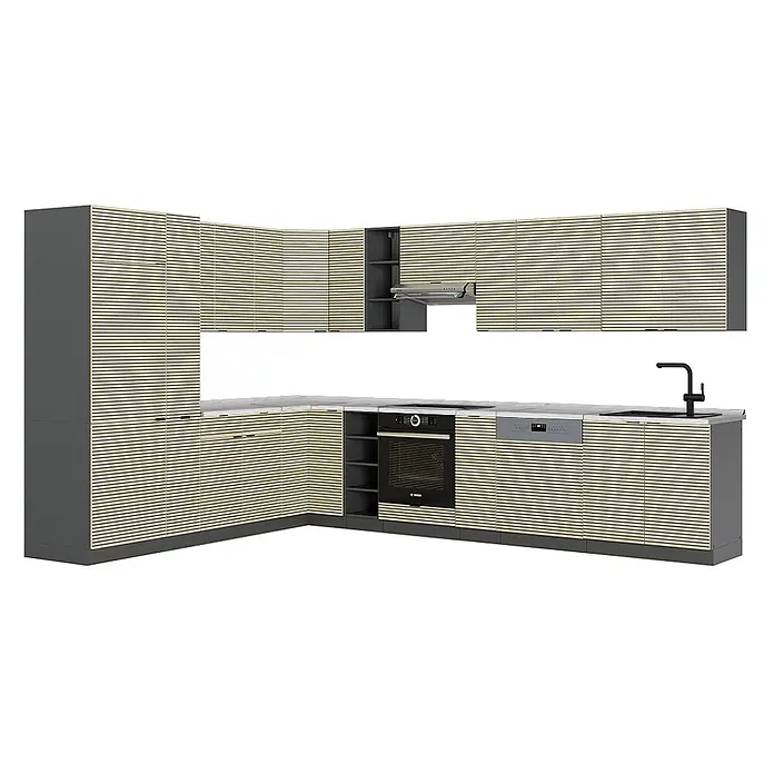 Vicco Eckküche Fame-Line Eiche Paneel/Anthrazit, AP Marmor - B x T: 347 x 60 cm, Eiche Paneel, Ohne Elektrogeräte - L-förmige Küche mit hellen Holzlamellenfronten, dunkelgrauen Rahmen, heller Arbeitsplatte und integrierten Geräten.