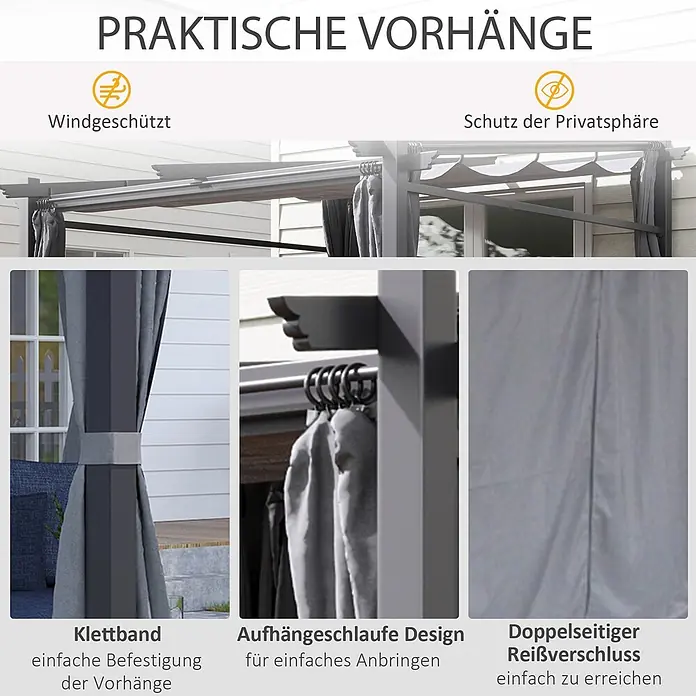 Outsunny Raffpavillon - Farbe Dach: Dunkelgrau - Graue Outdoor-Vorhänge für Privatsphäre und Windschutz, mit Klettband, Aufhängeschlaufen und doppelseitigem Reißverschluss für einfache Handhabung.