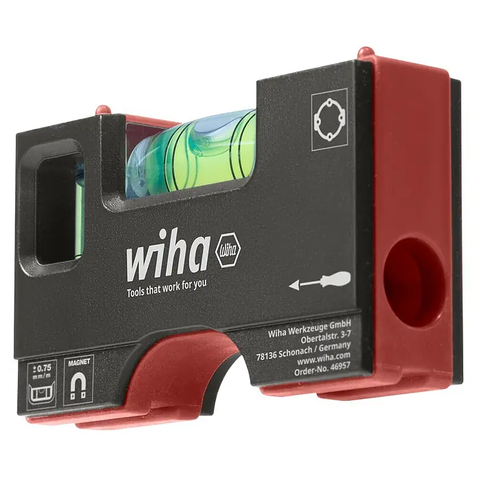 Wiha Taschenwasserwaage - 80 mm, Anzahl Libellen: 2 Stk. - Kompakte schwarz-rote Wiha Wasserwaage mit Magnetfuß und grüner Libelle.