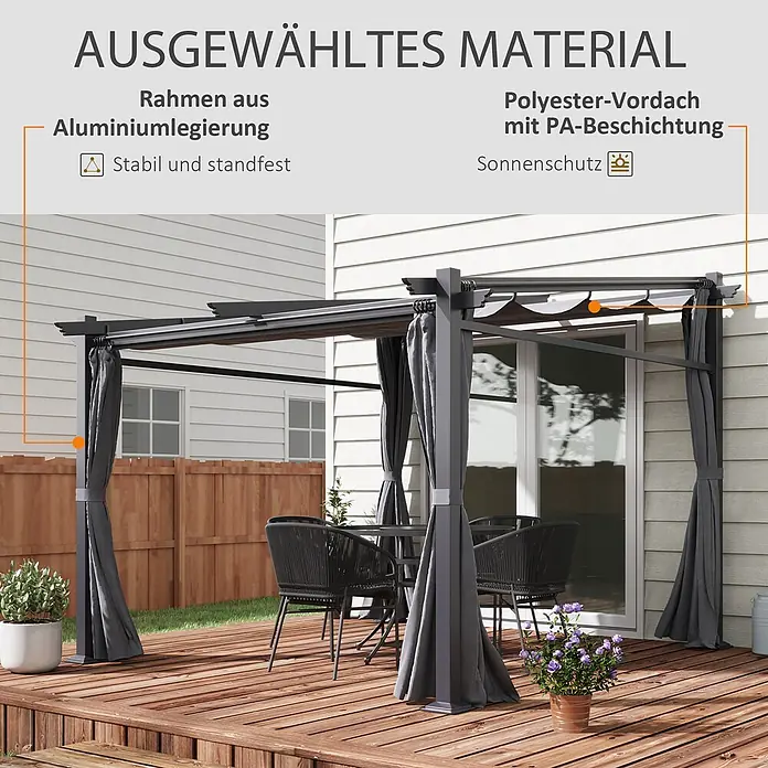 Outsunny Raffpavillon - Farbe Dach: Dunkelgrau - Dunkelgraue Aluminium-Terrassenpergola mit ausziehbarem Polyesterdach und Vorhängen, bietet Sonnenschutz.