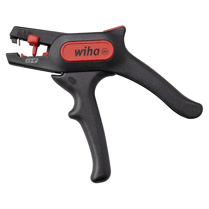 Wiha Abisolierwerkzeug Automatisch - Automatisches Abisolieren von 0,2–6 mm² - Automatischer Abisolierer, schwarz mit roten Akzenten, mit Wiha-Logo und 0,2-6mm² Abisolierbereich.