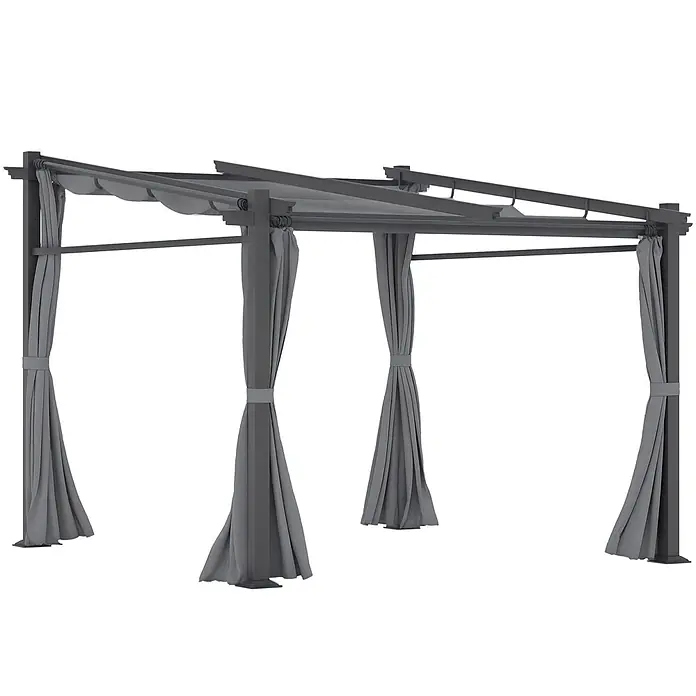Outsunny Raffpavillon - Farbe Dach: Dunkelgrau - Graue Metallpergola mit ausziehbarer Stoffüberdachung und vier zurückgebundenen grauen Stoffvorhängen für Schatten und Privatsphäre.