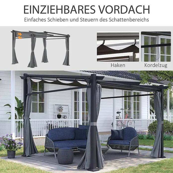 Outsunny Raffpavillon - Farbe Dach: Dunkelgrau - Graues einziehbares Vordach mit Seitenverhängen auf einer Terrasse, spendet Schatten für Sitzgelegenheiten im Freien.