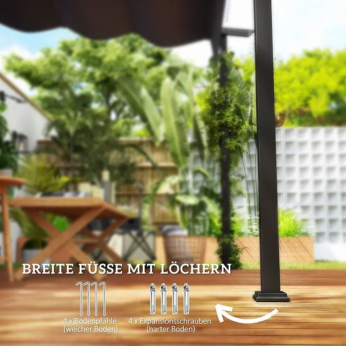 Outsunny Raffpavillon - Farbe Dach: Grau - Breiter Standfuß eines dunklen Pergola-Pfostens mit Löchern, dazu 4 Bodenpfähle für weichen und 4 Expansionsschrauben für harten Boden.