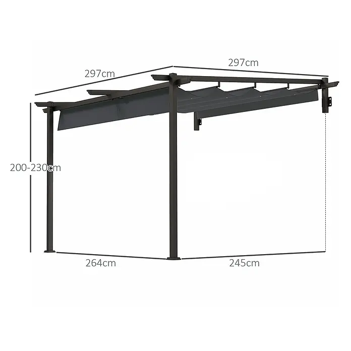 Outsunny Raffpavillon - Farbe Dach: Grau - Dunkelgraue Metallpergola mit ausziehbarem Stoffdach, höhenverstellbar und mit Maßen.