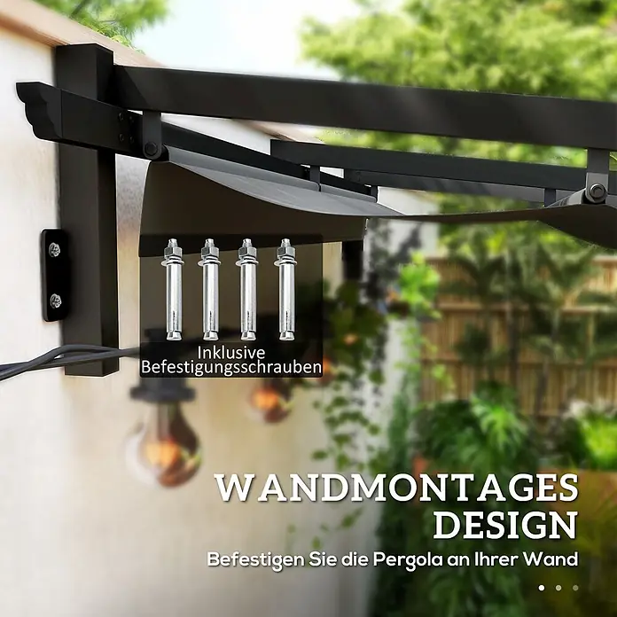 Outsunny Raffpavillon - Farbe Dach: Grau - Schwarze wandmontierte Pergola mit enthaltenen Befestigungsschrauben, an einer Außenwand installiert.