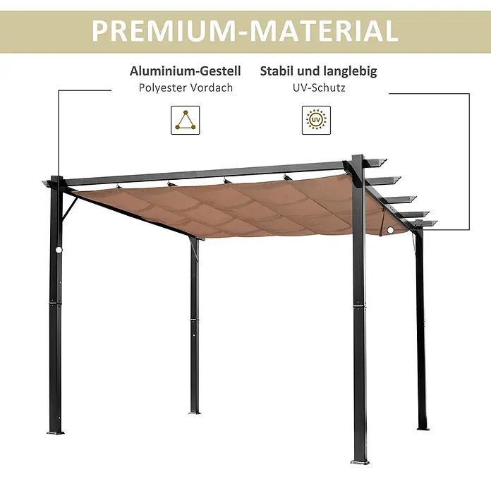 Outsunny Raffpavillon - B x T: 400 x 250 cm, Farbe Dach: Braun - Schwarze Aluminium-Pergola mit braunem, ausziehbarem Polyester-Vordach und UV-Schutz.