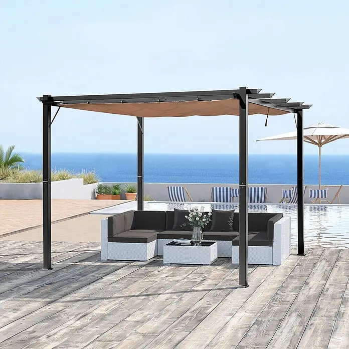 Outsunny Raffpavillon - B x T: 400 x 250 cm, Farbe Dach: Braun - Schwarze Pergola mit beigefarbenem ausziehbarem Sonnendach schattiert einen Sitzbereich am Pool.