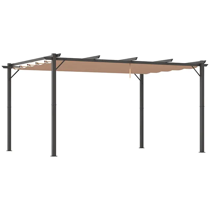 Outsunny Raffpavillon - B x T: 400 x 250 cm, Farbe Dach: Braun - Eine dunkelgraue Metallpergola mit einziehbarem beigefarbenem Stoffdach.
